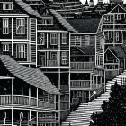 Detailed monochrome woodcut-style hillside town illustration