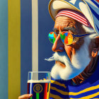 Elderly man in striped hat and shirt with round sunglasses holding a beer glass against colorful background