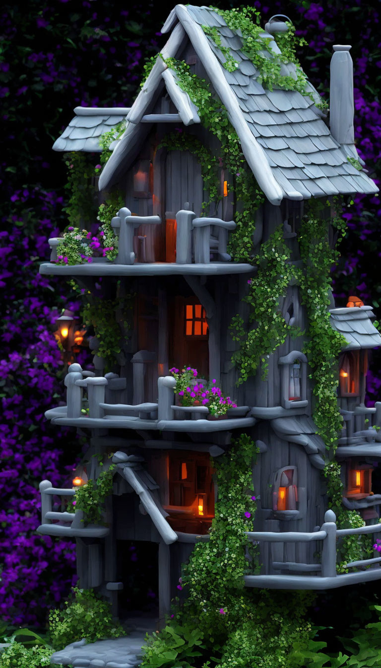 Enchanting multi-level fairy tale cottage with ivy, glowing windows, shingled roof,
