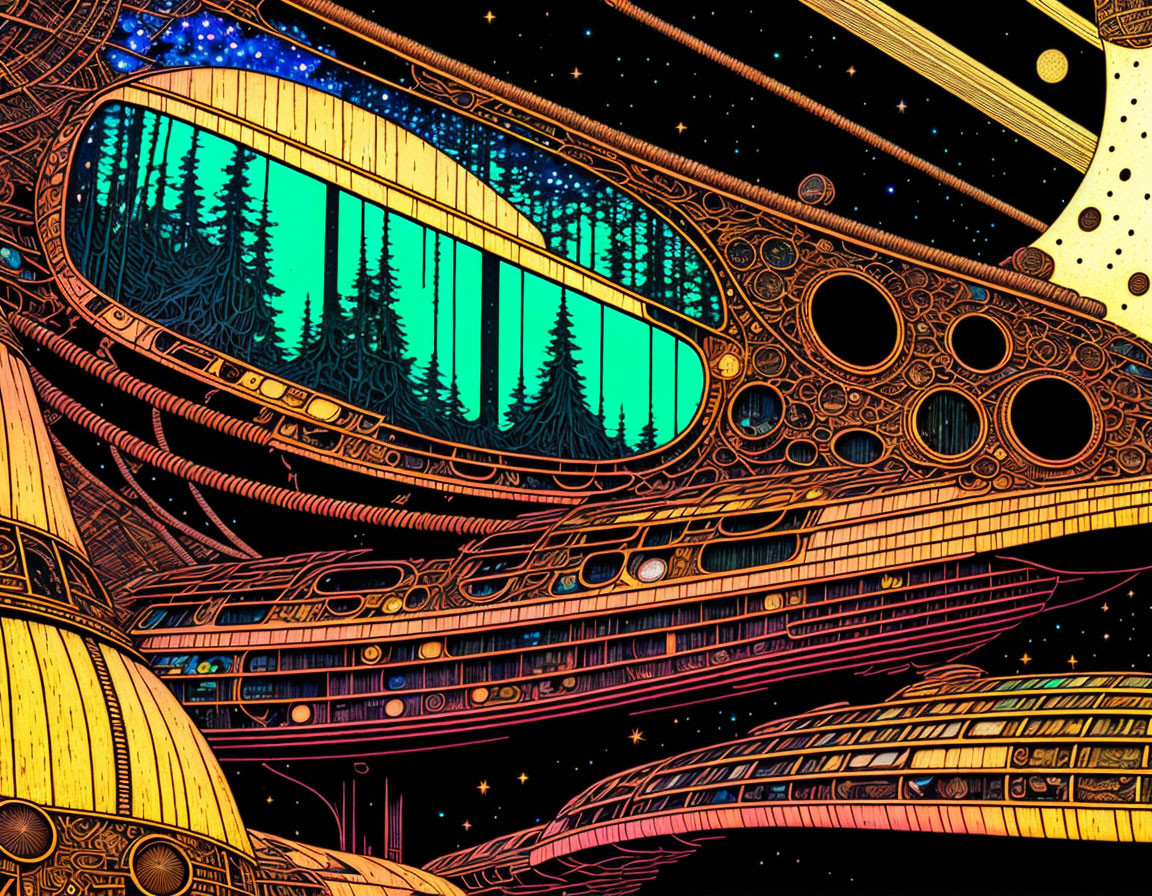 Futuristic spacecraft illustration with forest scene and starry backdrop