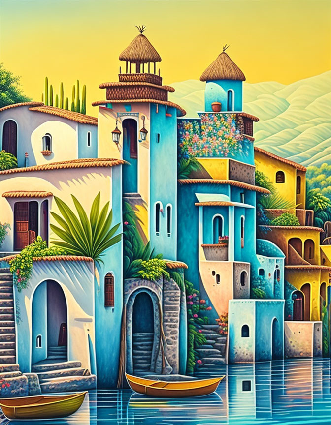 Vibrant illustration of Mediterranean village with terracotta roofs and boat docked