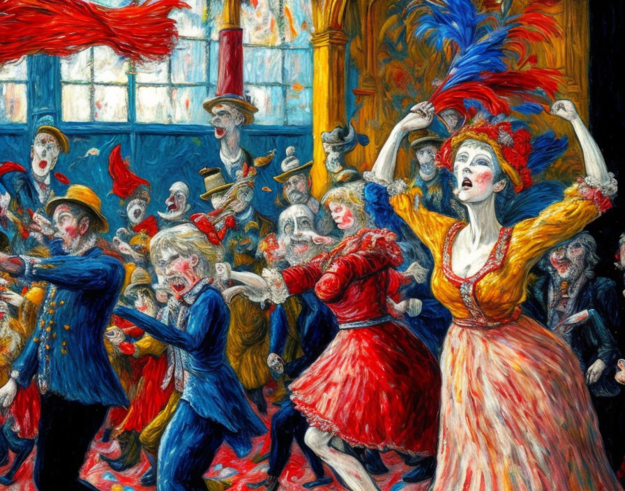 Colorful Masquerade Ball Painting with Dancers and Ornate Background