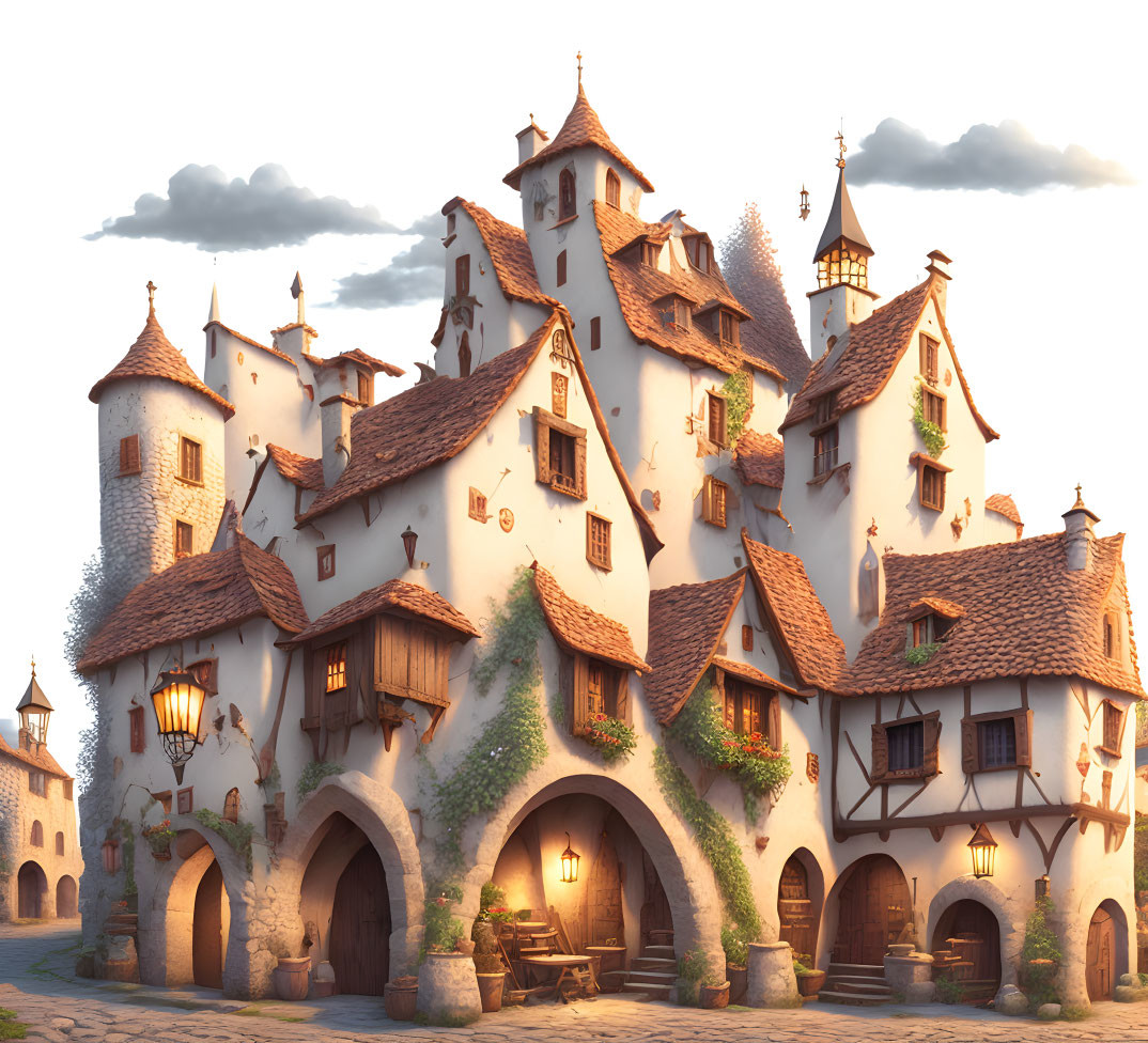 Whimsical fairytale castle with turrets and lanterns in serene village