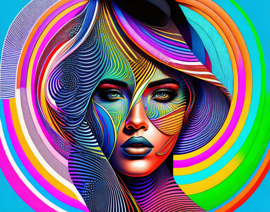 Colorful Swirling Patterns on Woman's Face in Digital Art