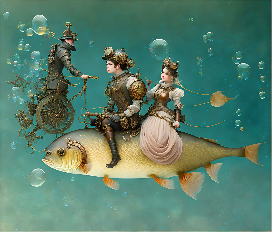 Steampunk-themed characters riding fish in underwater scene with bubbles and gears