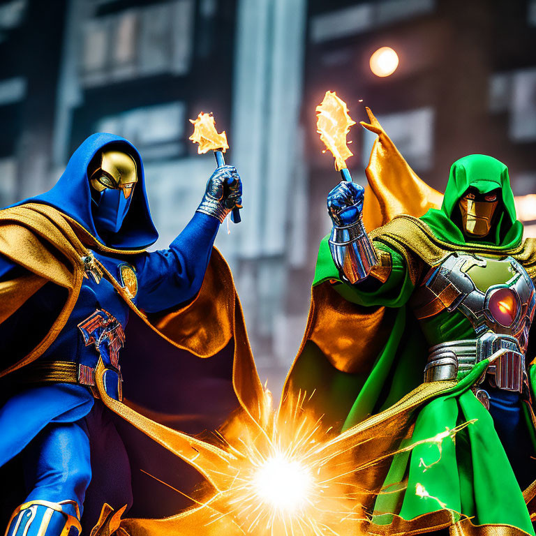 Superhero action figures in blue and green with hand effects in city backdrop