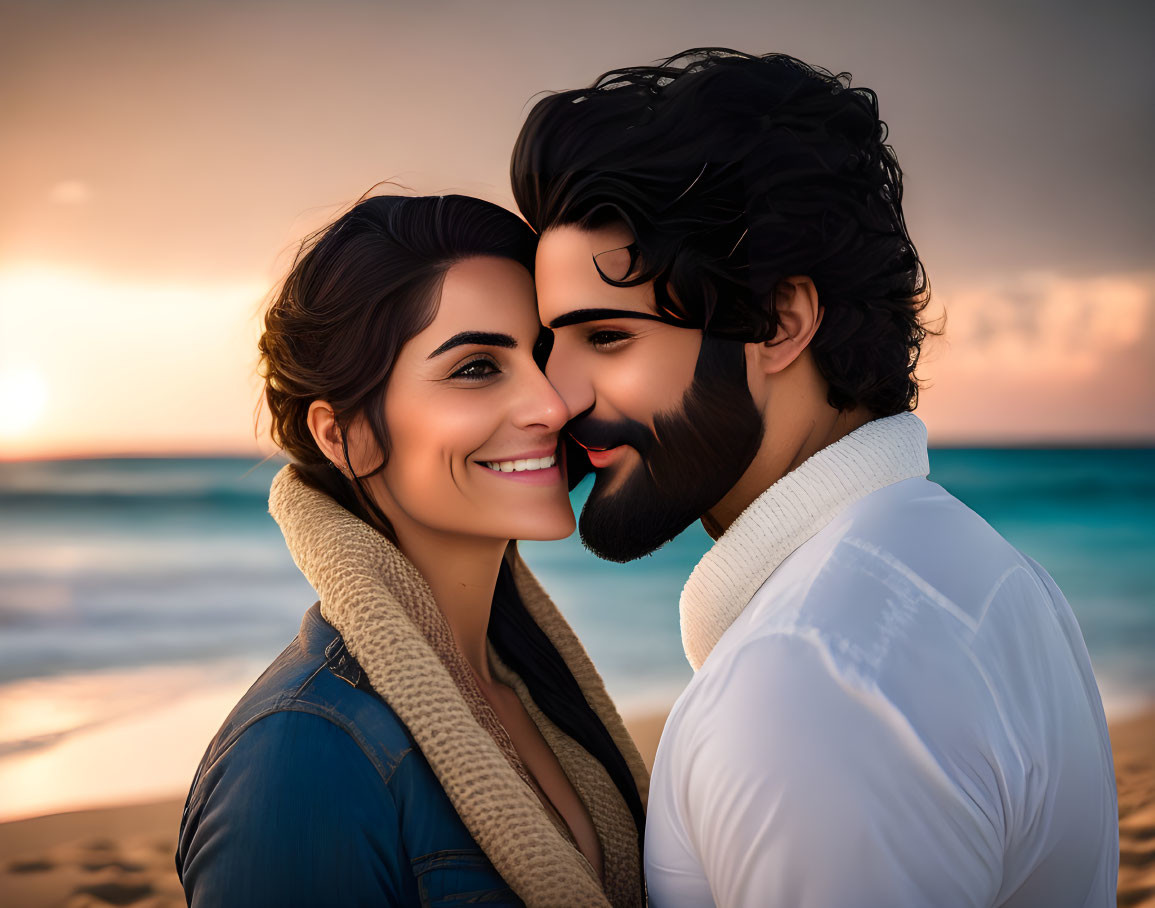 Romantic animated couple on sunset beach, smiling with foreheads touching