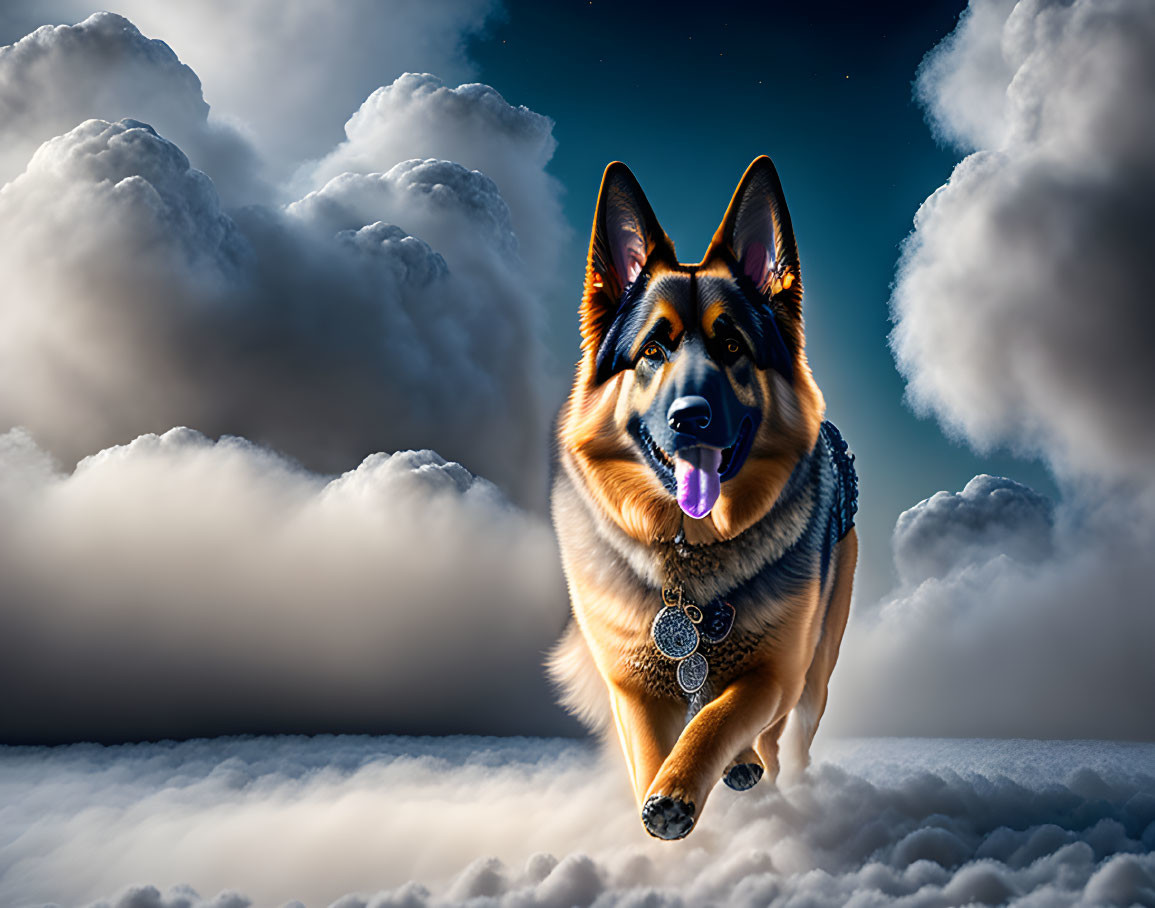 German Shepherd Dog Soaring in Clouds with Collar and Tag