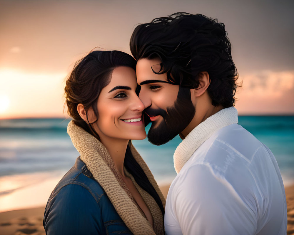 Romantic animated couple on sunset beach, smiling with foreheads touching