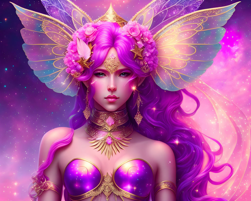 Fantasy female character with purple hair and butterfly wings in cosmic setting