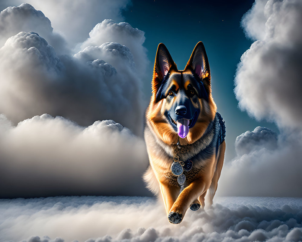 German Shepherd Dog Soaring in Clouds with Collar and Tag