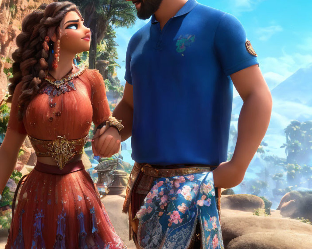 Colorful Animated Characters Holding Hands in Tropical Setting