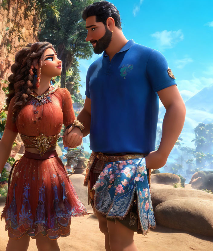 Colorful Animated Characters Holding Hands in Tropical Setting