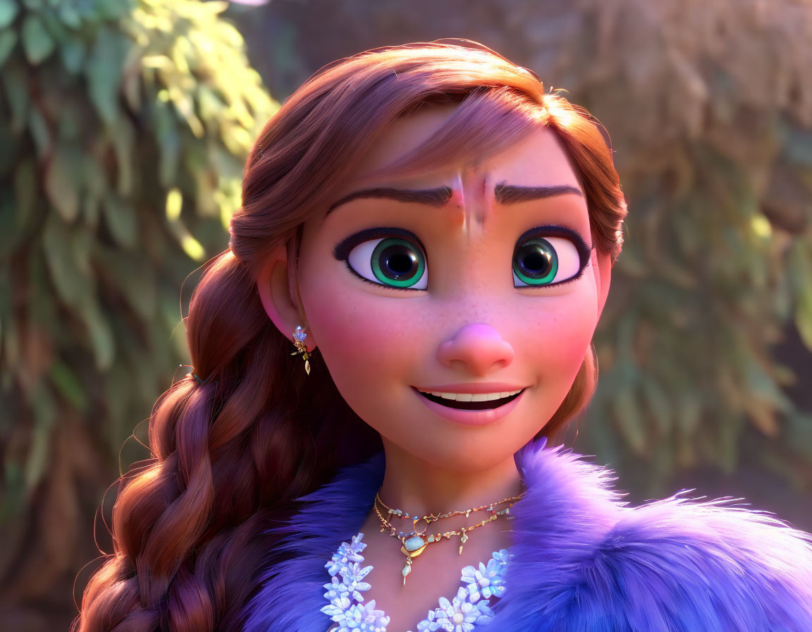 Long-haired animated character in purple dress and fur shawl, with green eyes, smiling in nature.