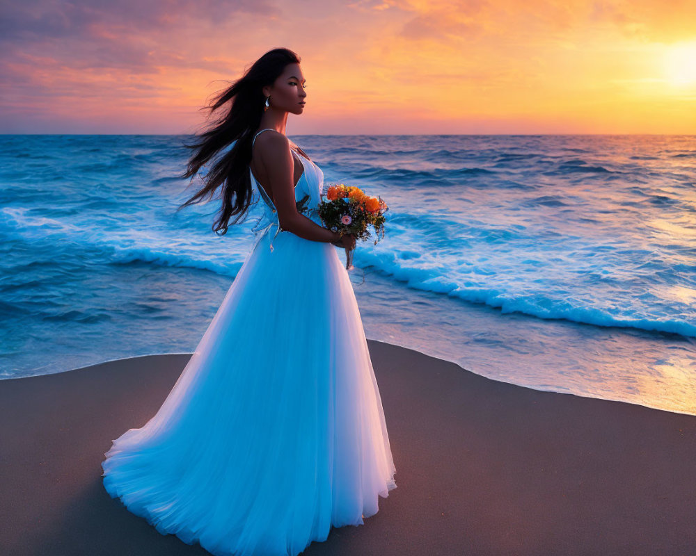 Woman in Blue Dress with Bouquet on Beach at Sunset