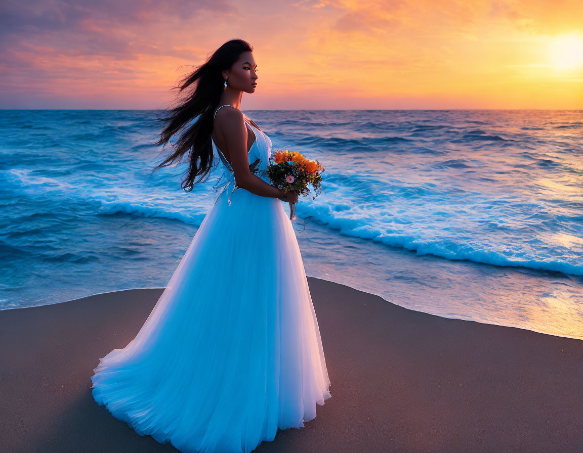 Woman in Blue Dress with Bouquet on Beach at Sunset