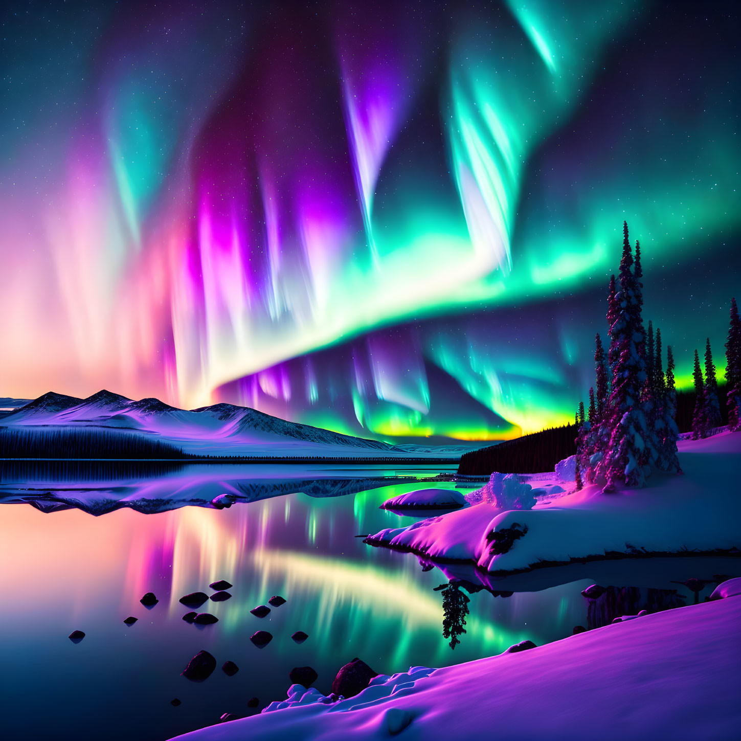 Starry sky with vivid aurora borealis over snowy landscape