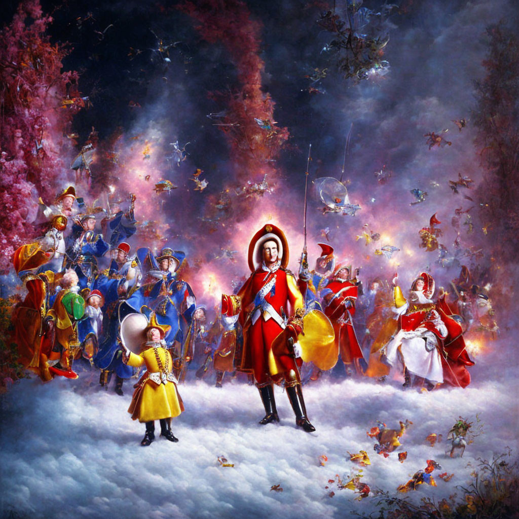 Colorful painting of person in regal attire with diverse historical figures in dreamlike setting.