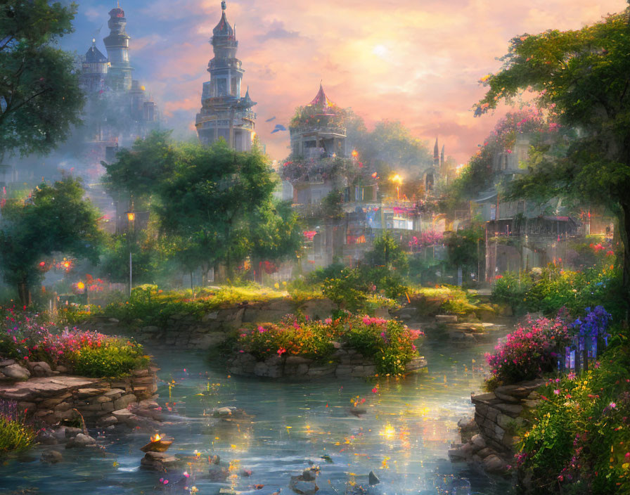 Ethereal fantasy landscape with ornate towers and tranquil river