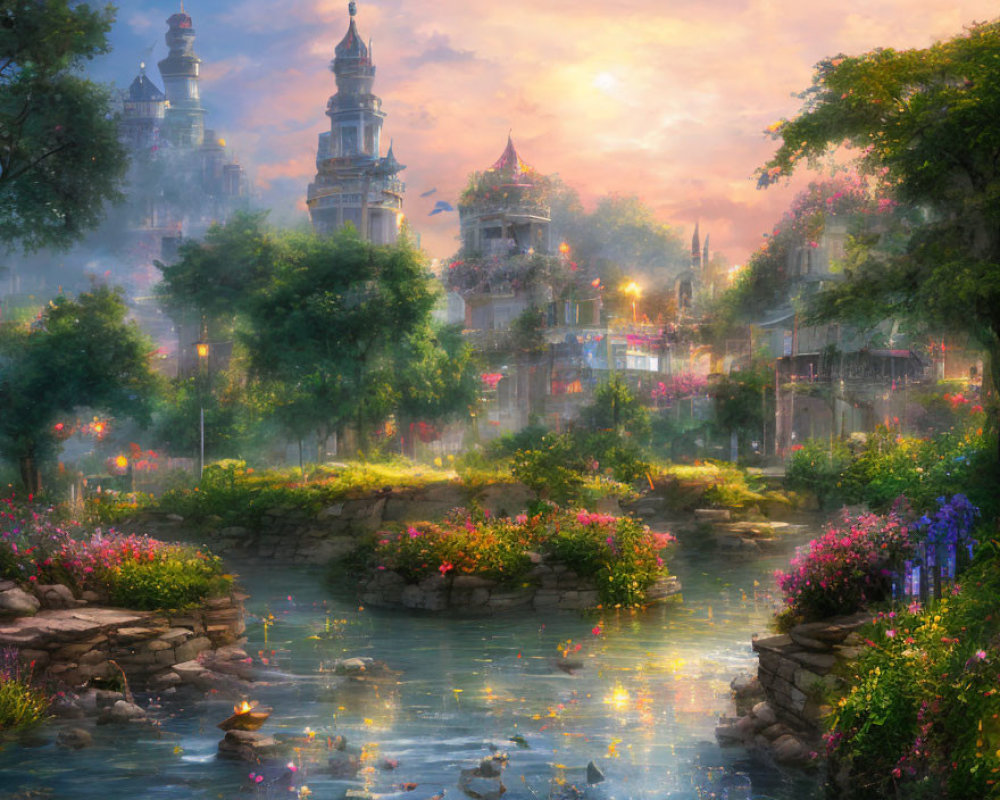 Ethereal fantasy landscape with ornate towers and tranquil river