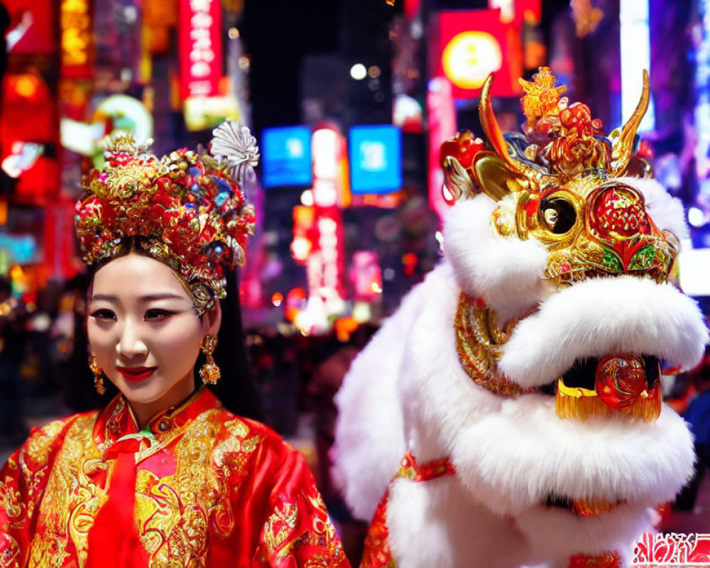 Traditional Chinese attire woman with performer in dragon costume in neon-lit urban setting