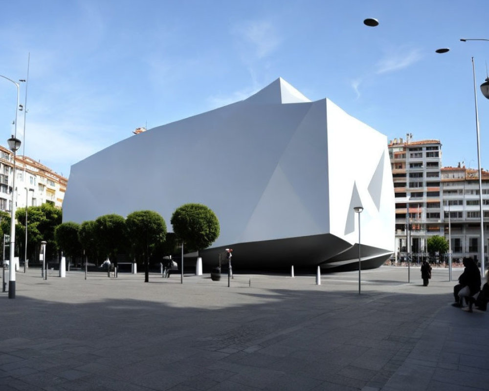 Urban square with modern angular white building, trees, clear blue sky, and people.