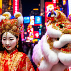 Traditional Chinese attire woman with performer in dragon costume in neon-lit urban setting