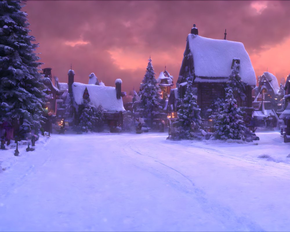 Snowy village at dusk: Cozy cottages, snow-covered trees, purple sky