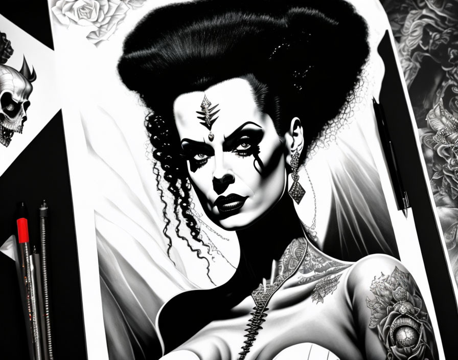 Monochromatic artwork of woman with elaborate hairstyle and tattoos.