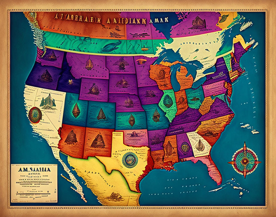 Colorful Vintage-Style USA Map with Native American Tribes Symbols