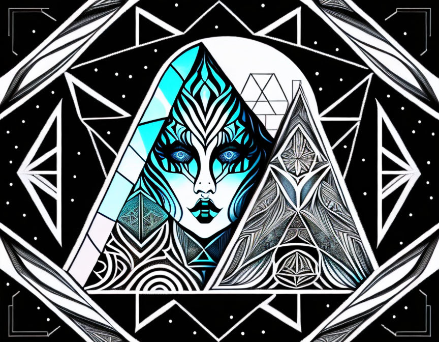 Geometric cosmic theme woman's face illustration with triangles and celestial symbols