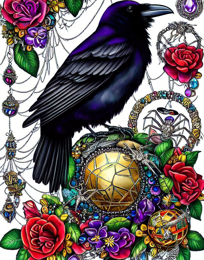 Detailed Gothic Raven Perched Among Colorful Gems and Jewelry