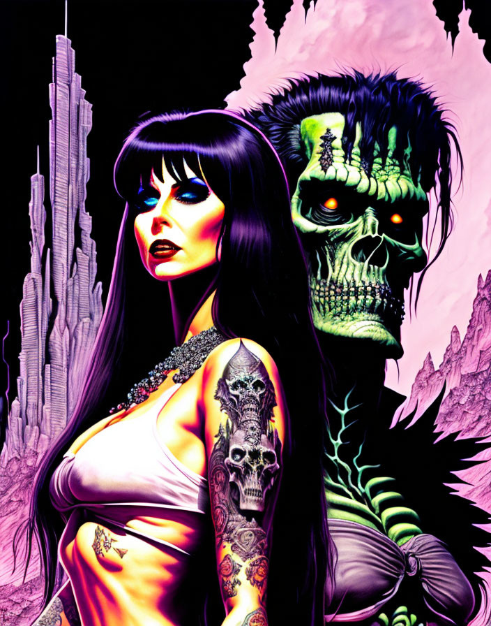 Woman with tattoos and zombie-like figure in futuristic cityscape