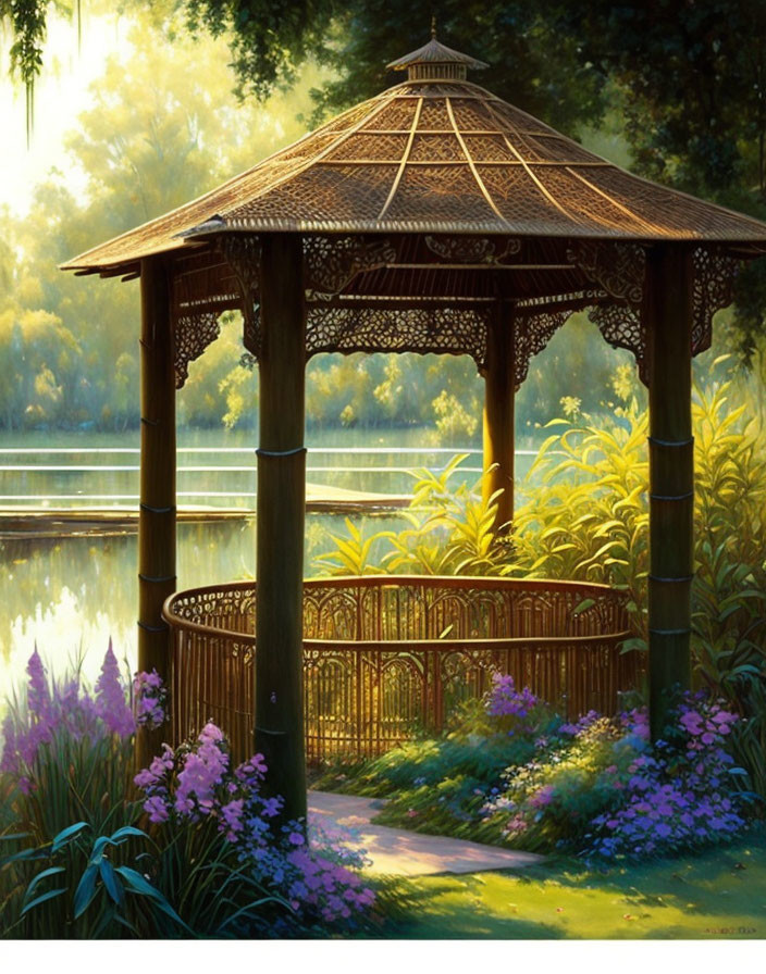 Tranquil wooden gazebo by a serene lake surrounded by greenery