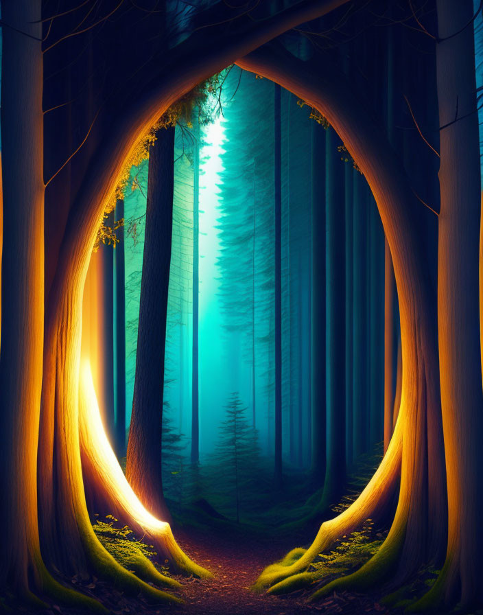 Enchanting forest scene with glowing archway and tall trees