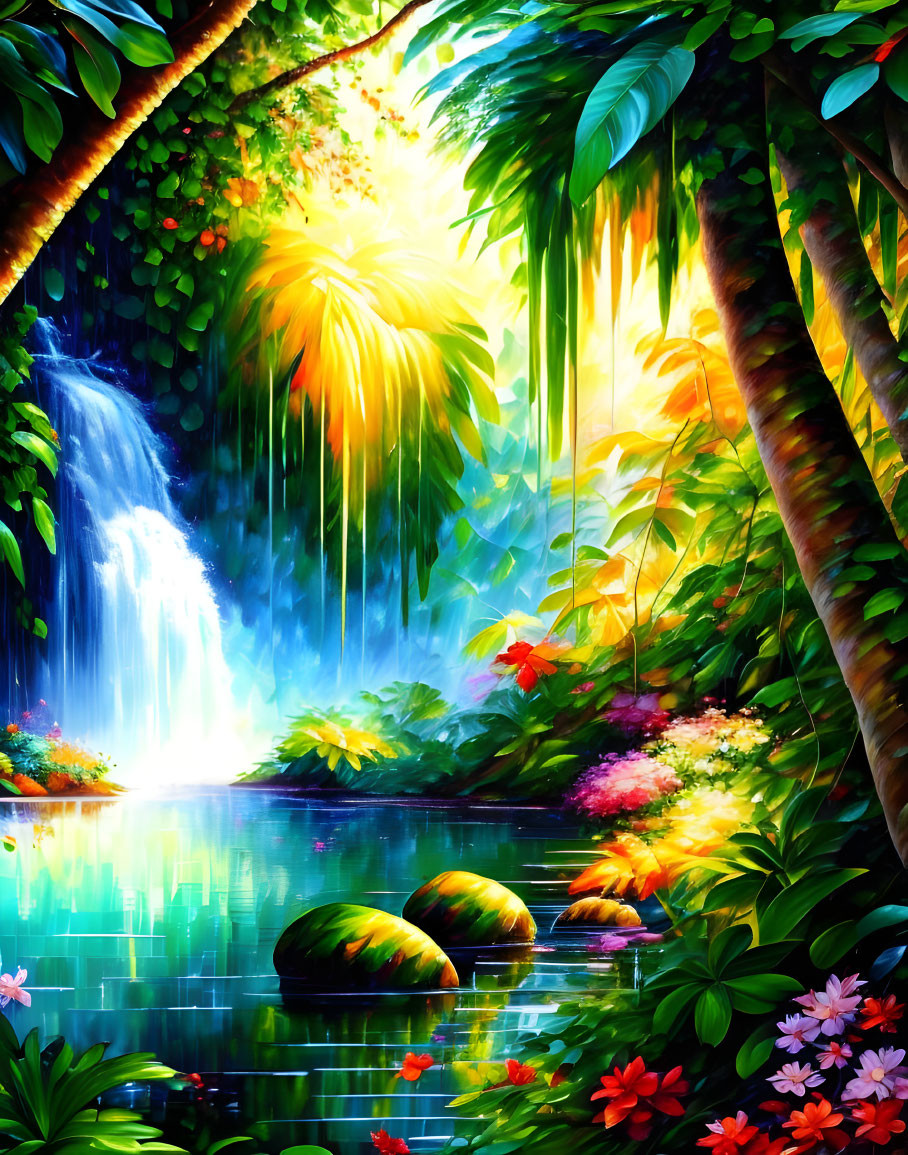 Vibrant digital painting: Tropical waterfall oasis with sunbeams, lush foliage, serene pond,