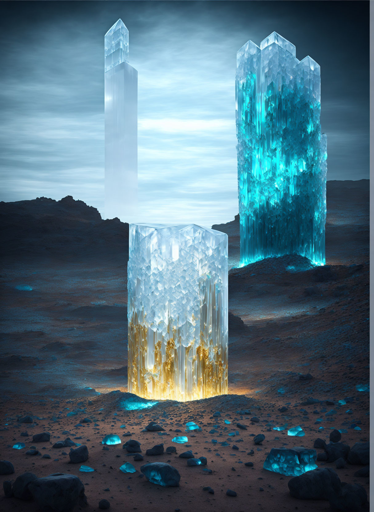 Surreal landscape with glowing blue crystal formations