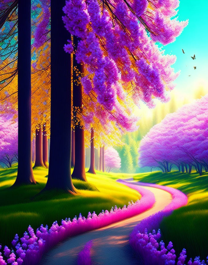 Colorful Forest Path with Purple and Pink Foliage under Blue Sky