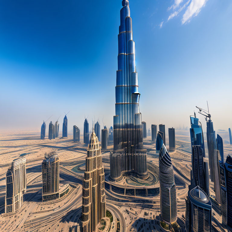 City skyline with towering skyscraper in panoramic view