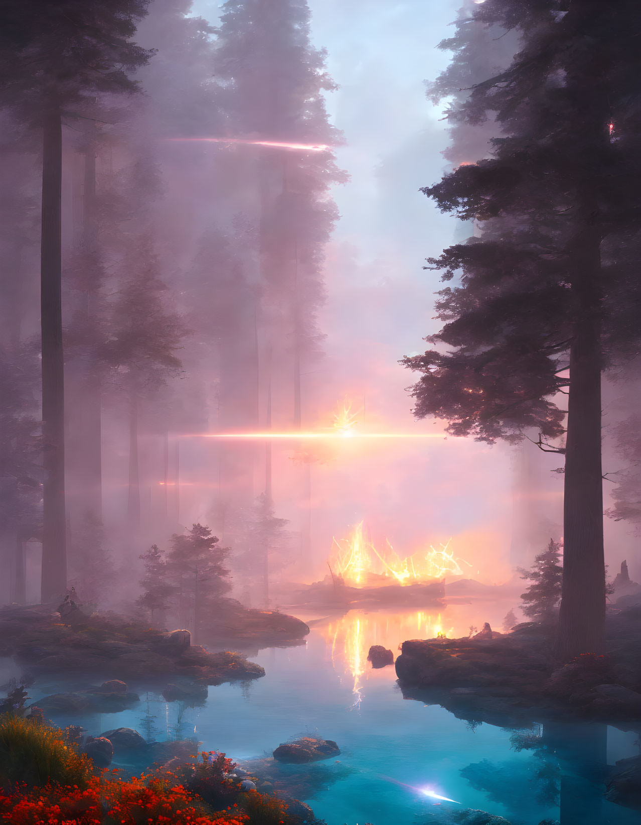 Ethereal forest scene with mist, stream, and glowing structure at sunrise or sunset