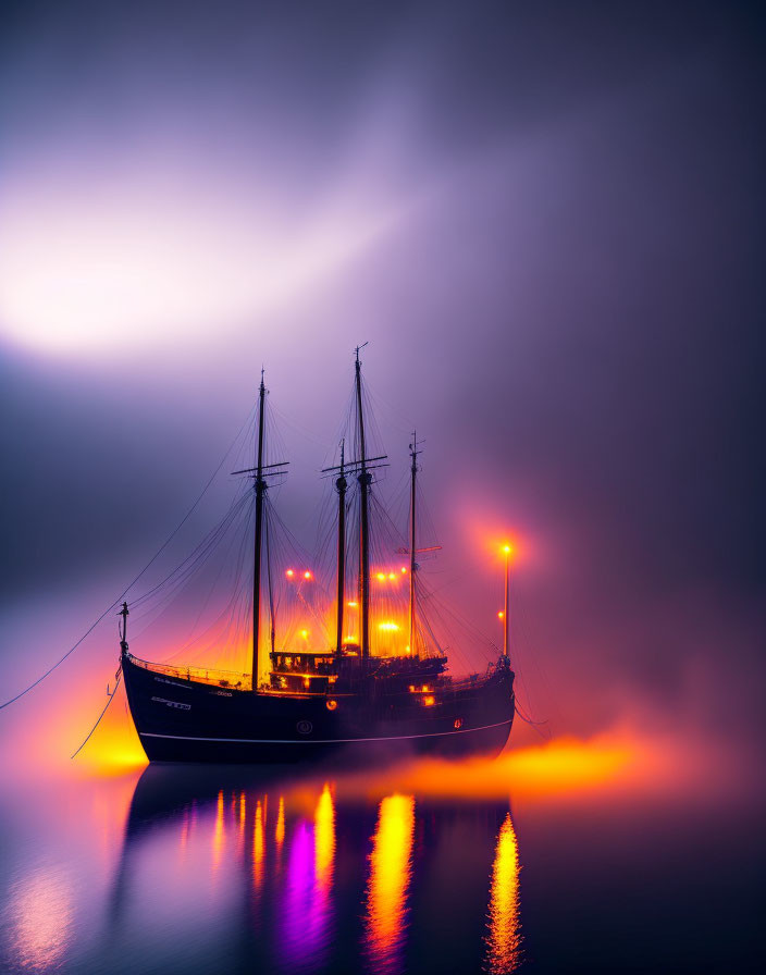 Tall ship with illuminated windows in calm water at twilight