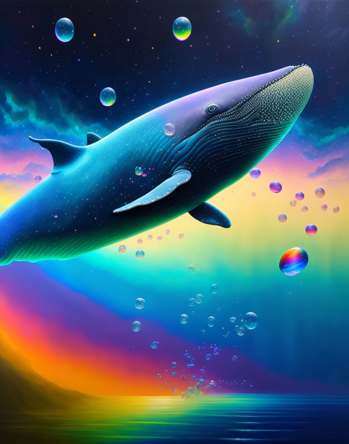 Blue whale swimming among colorful bubbles in vibrant, cosmic backdrop