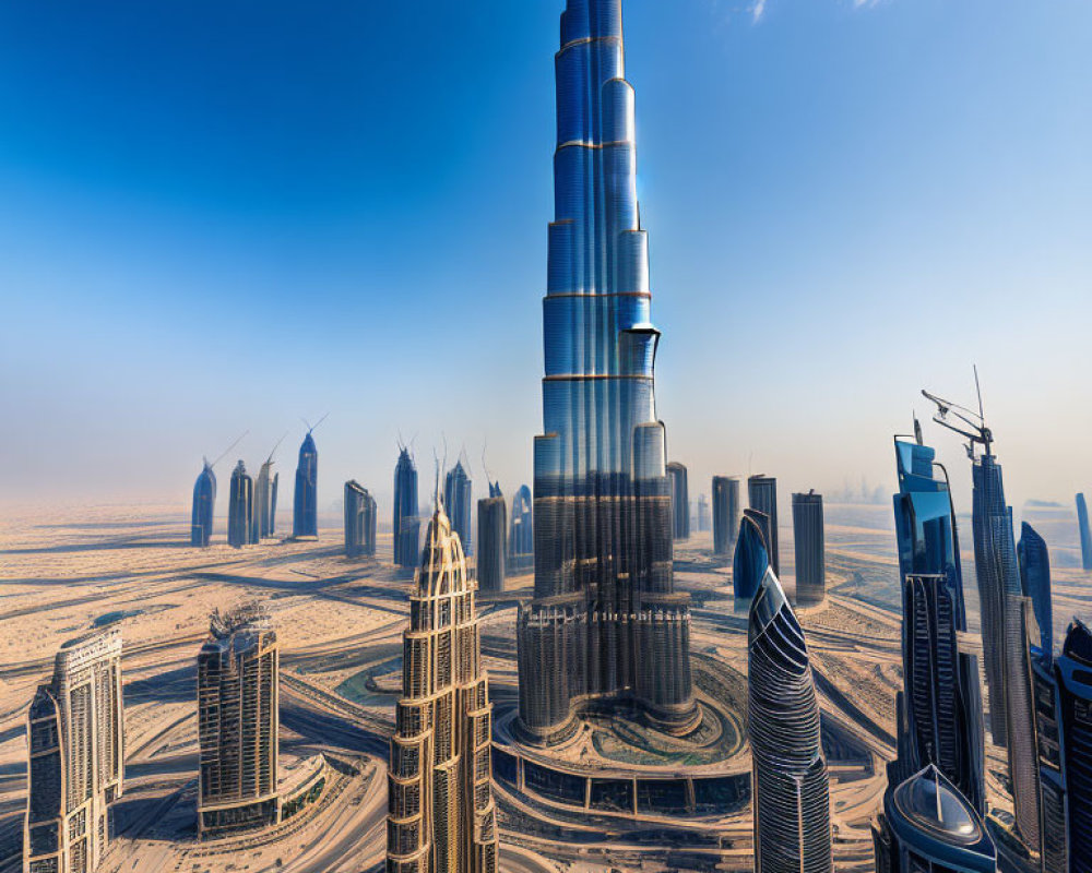 City skyline with towering skyscraper in panoramic view