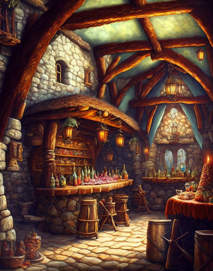 Medieval-style tavern interior with stone walls, wooden beams, bar with potions, and warm lighting