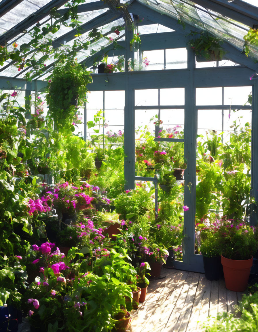 Sunlit greenhouse with lush green plants and pink flowers, wooden floor and glass panels.