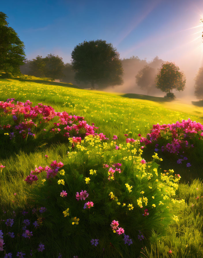 Colorful meadow with pink and yellow flowers at misty sunrise