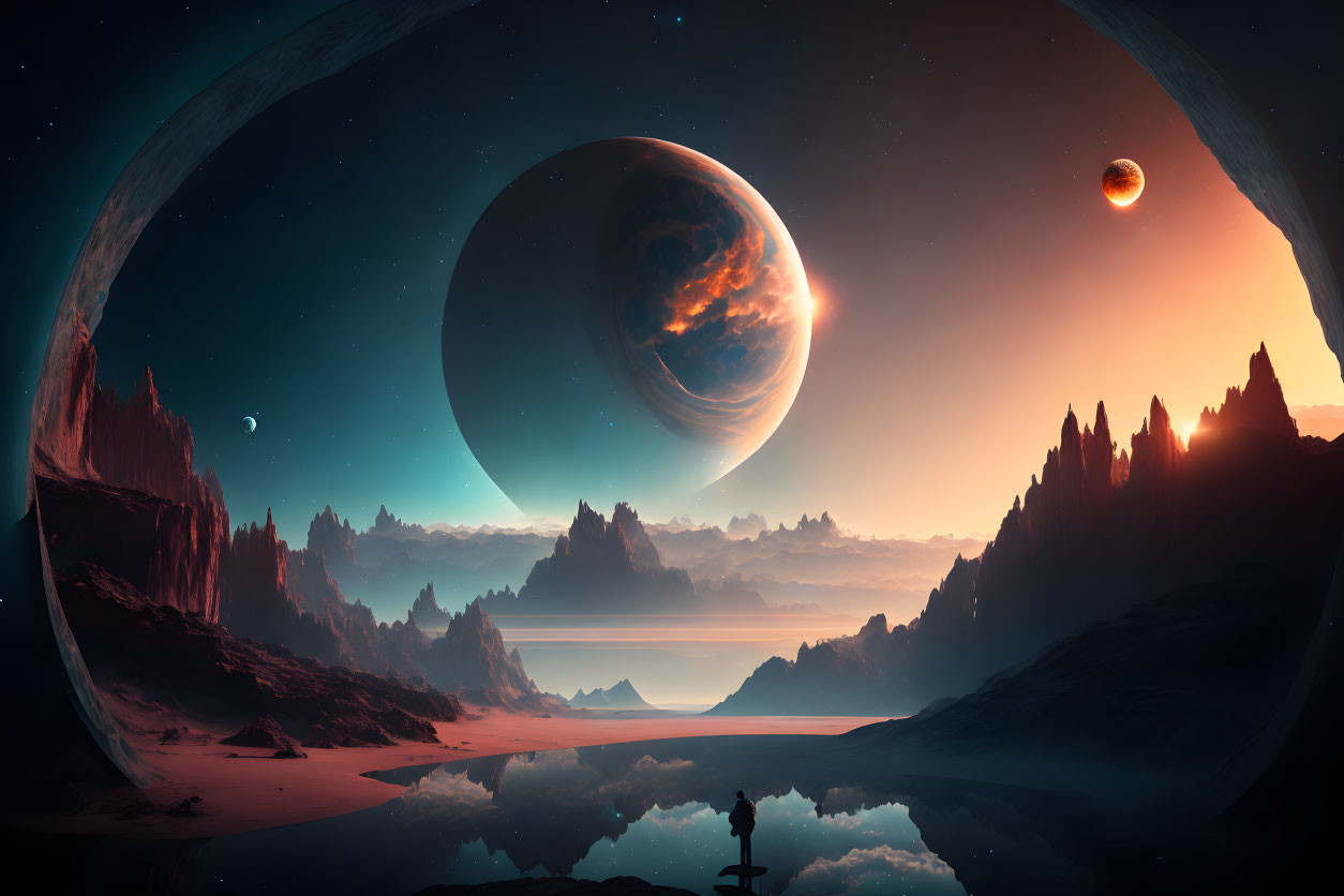 Person standing by reflective water on alien world with towering rocks and massive planets in star-filled sky