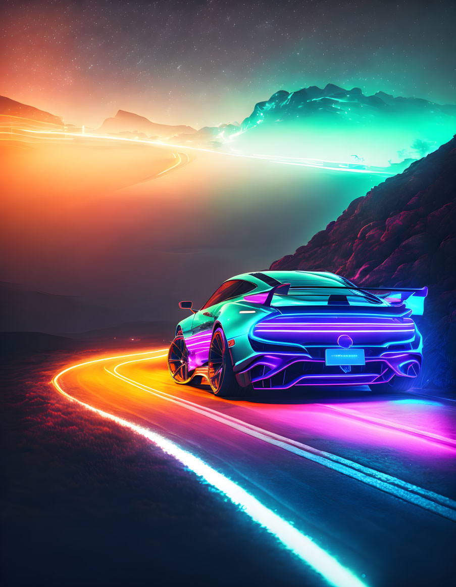 Neon-lit sports car on glowing mountain road at night