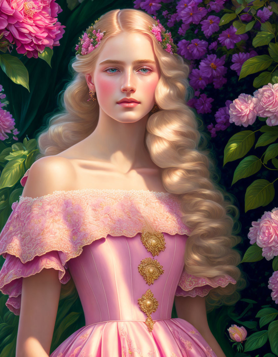 Blond woman in pink dress with gold details in floral setting