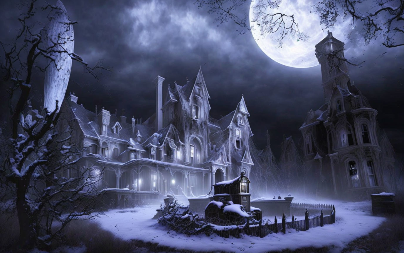 Gothic-style Mansion in Full Moon Night with Barren Trees and Fog